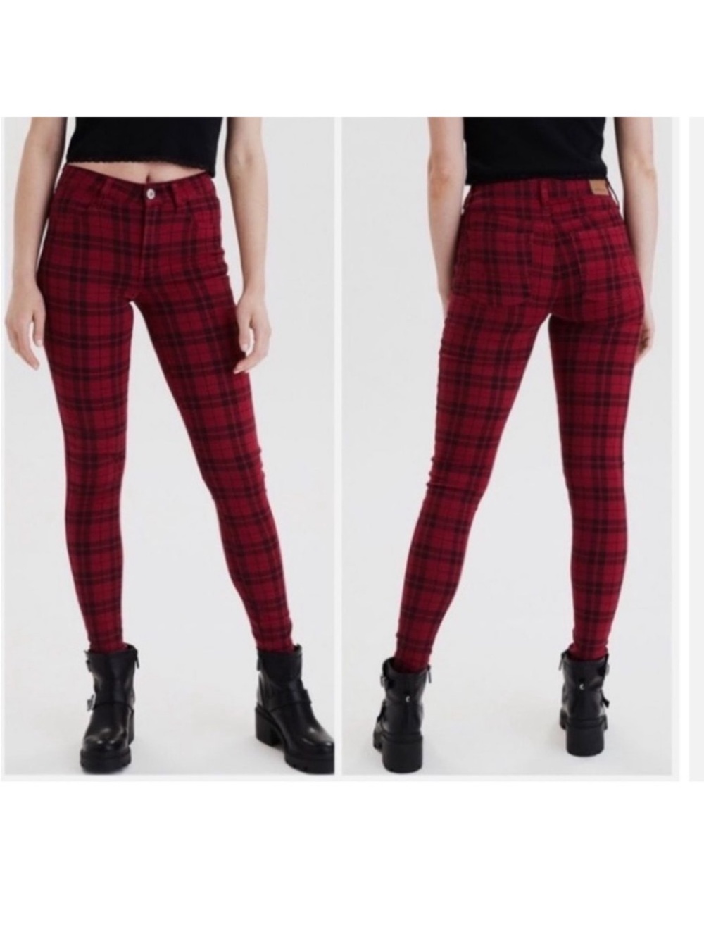 American Eagle Red Plaid Skinny Stretch Denim Jeans Hi Rise Jegging Women’s 10
